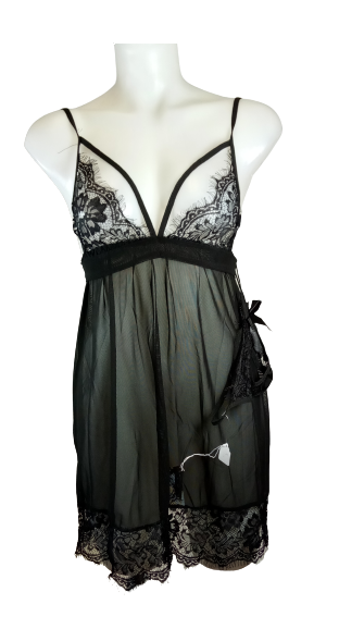 Lace Edge Baby Doll Top and Thong Set Black