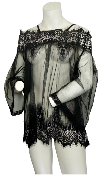 Floral Pattern Top with Sleeves and Panty Set Black