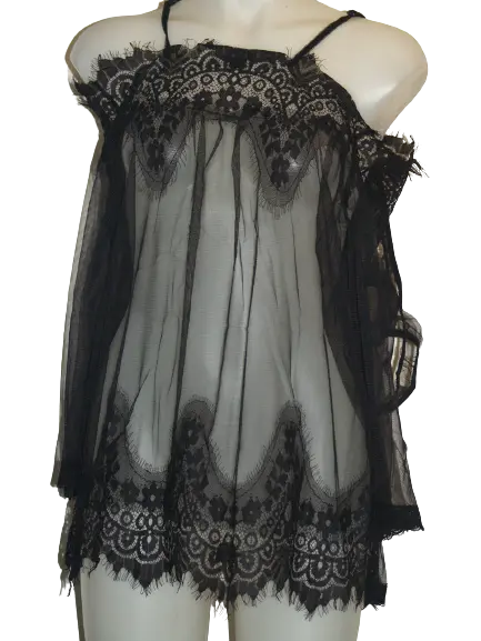 Floral Pattern Top with Sleeves and Panty Set Black