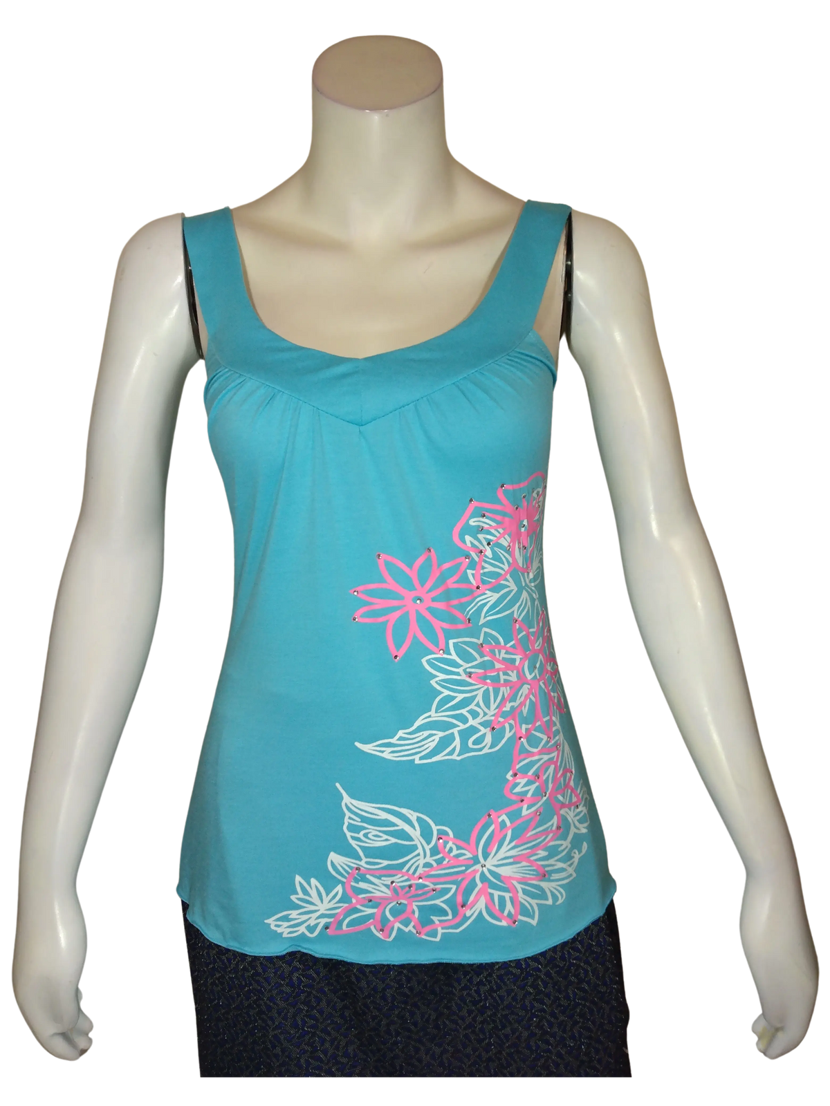Mar-Q Women’s Teal Flowers/Rhinestone Tee Shirt, Size Medium
