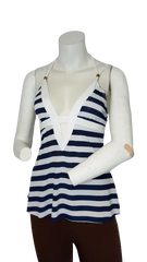 Mar_Q Women’s Blue/White Striped Swim Top, Size Medium