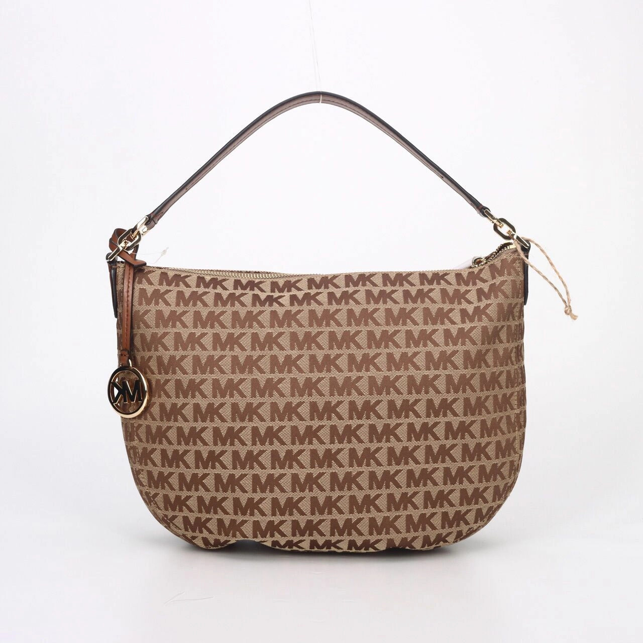 MICHAEL KORS Bedford Signature Medium Crescent Shoulder Bag in Beige & Ebony with Gold Tone Hardware
