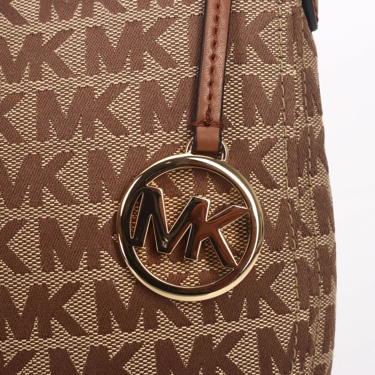 MICHAEL KORS Bedford Signature Medium Crescent Shoulder Bag in Beige & Ebony with Gold Tone Hardware