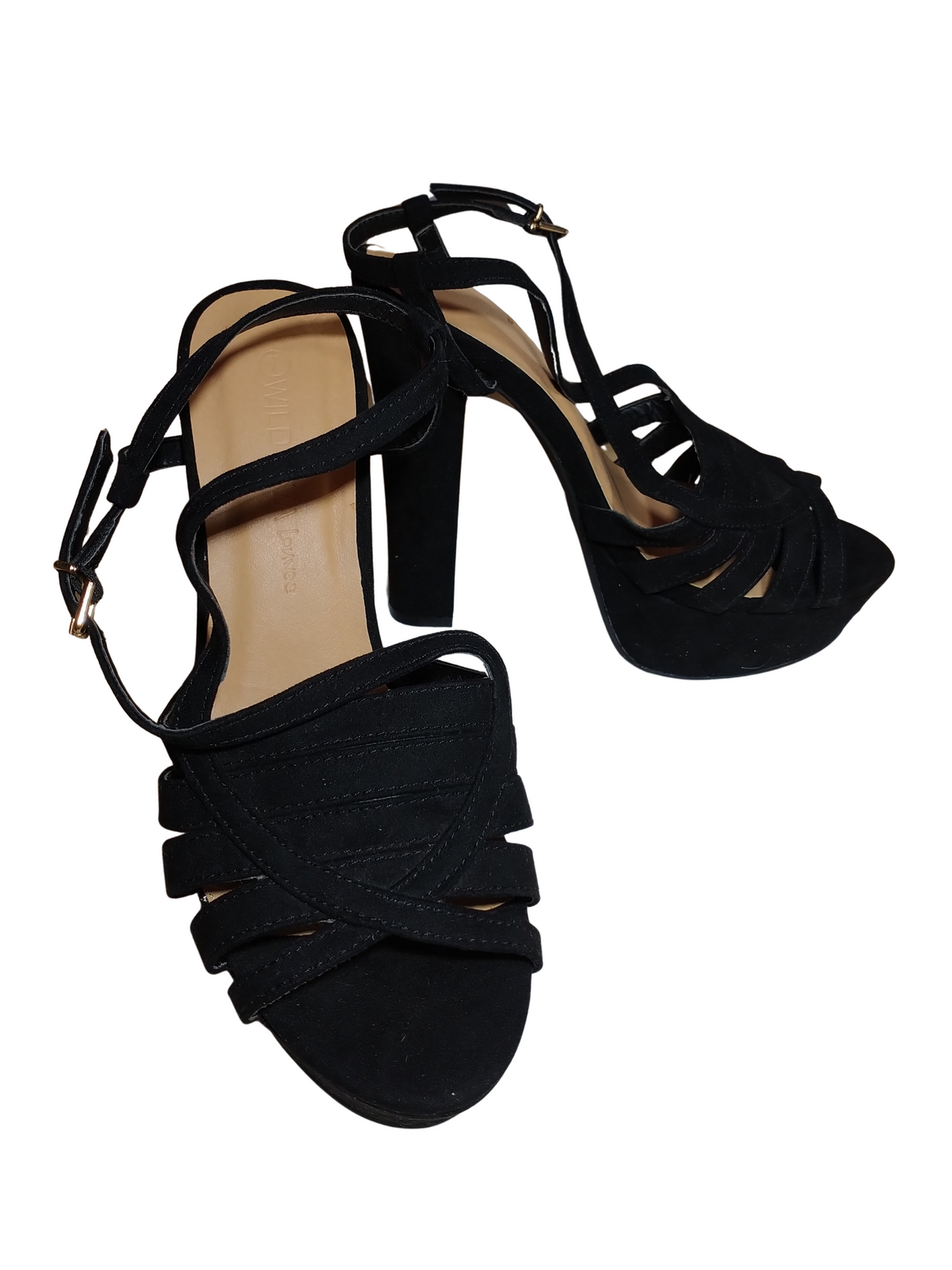 Wild Diva Black & Tan Open Toe Faux Suede Platform Heels with Buckle