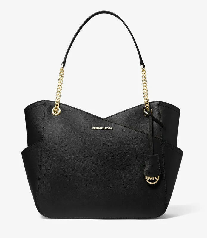 Michael Kors Jet Set Travel Large Cross Chain Saffiano Leather Shoulder Tote in Black with Gold-Tone Hardware