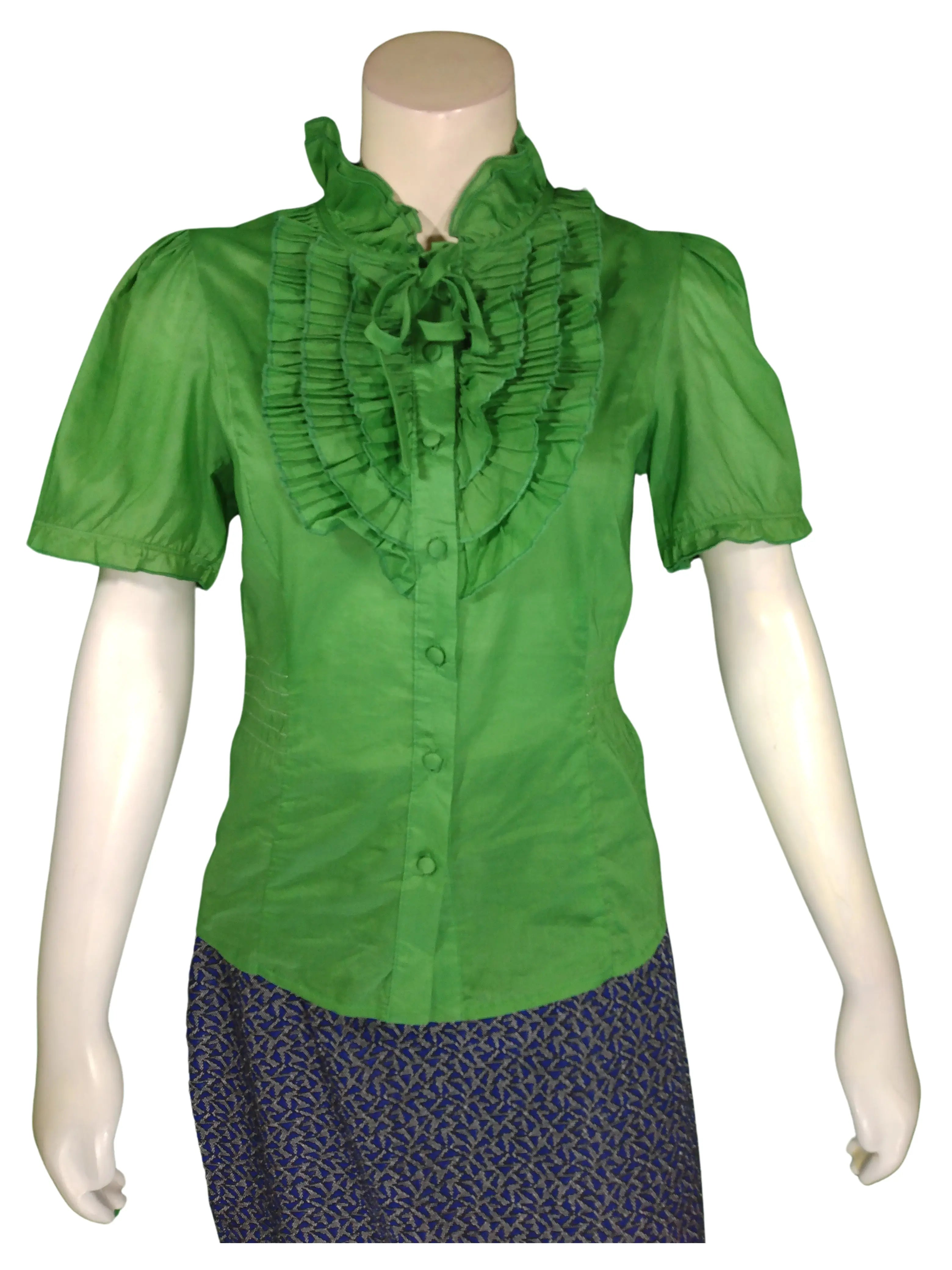 Runway Paris Women’s Lime Green Short Sleeve Blouse with Ruffles, Size Medium