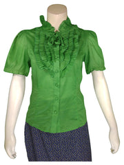 Runway Paris Women’s Lime Green Short Sleeve Blouse with Ruffles, Size Medium