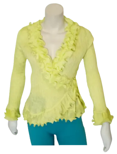 Runway Paris Women’s Chartreuse Long Sleeve Shirt with Ruffles, Size Small