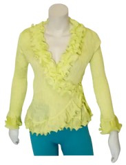Runway Paris Women’s Chartreuse Long Sleeve Shirt with Ruffles, Size Small