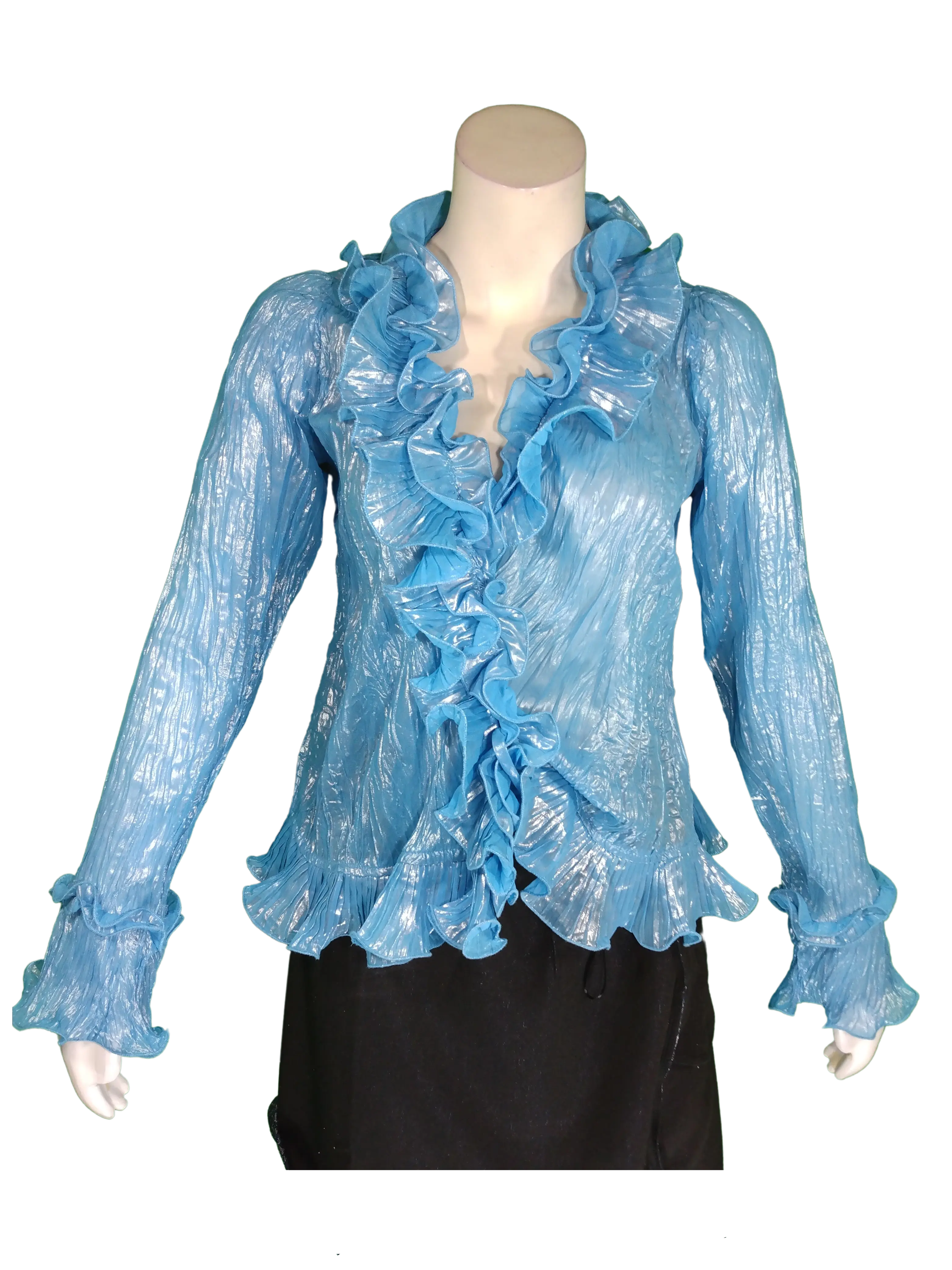 Runway Paris Women’s Light Blue Long Sleeve Shirt with Ruffles, Size Small