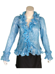 Runway Paris Women’s Light Blue Long Sleeve Shirt with Ruffles, Size Small