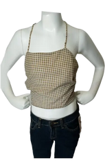 Emory Park Girls’ Tan/White Check Pattern Spaghetti Strap Open Back Crop Top, OSFA