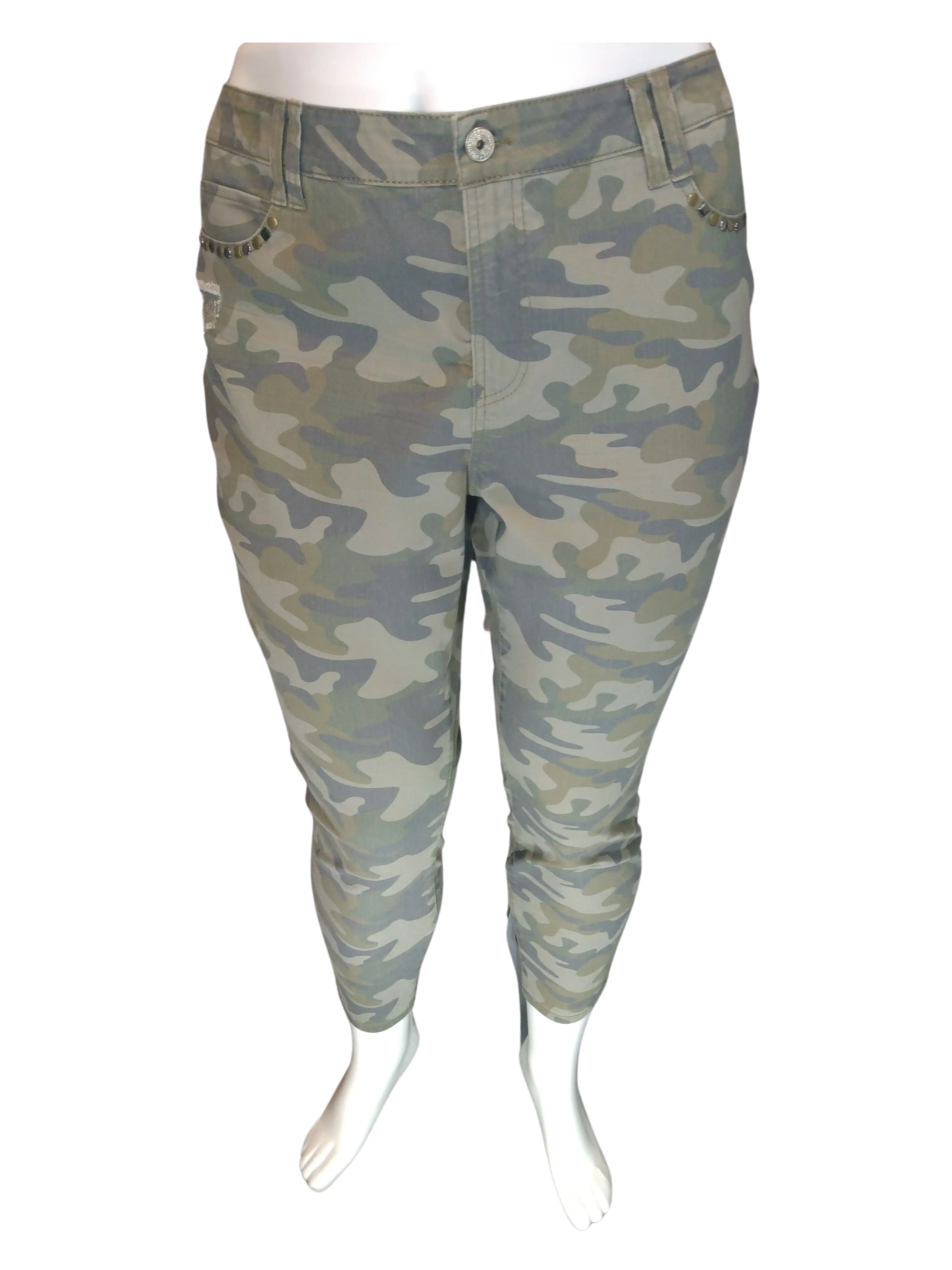North Star Women’s Green Distressed Camo Pants with Metal Accents, Size 18W