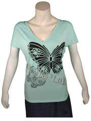 Mar_Q Collection Women’s Aqua Butterflies “Yoi Time L.O.R.” Top, Size Medium
