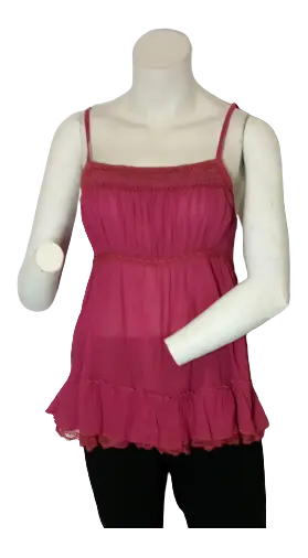 Runway Paris Women’s Maroon Sheer Tank Top with Ruffles, Size Small