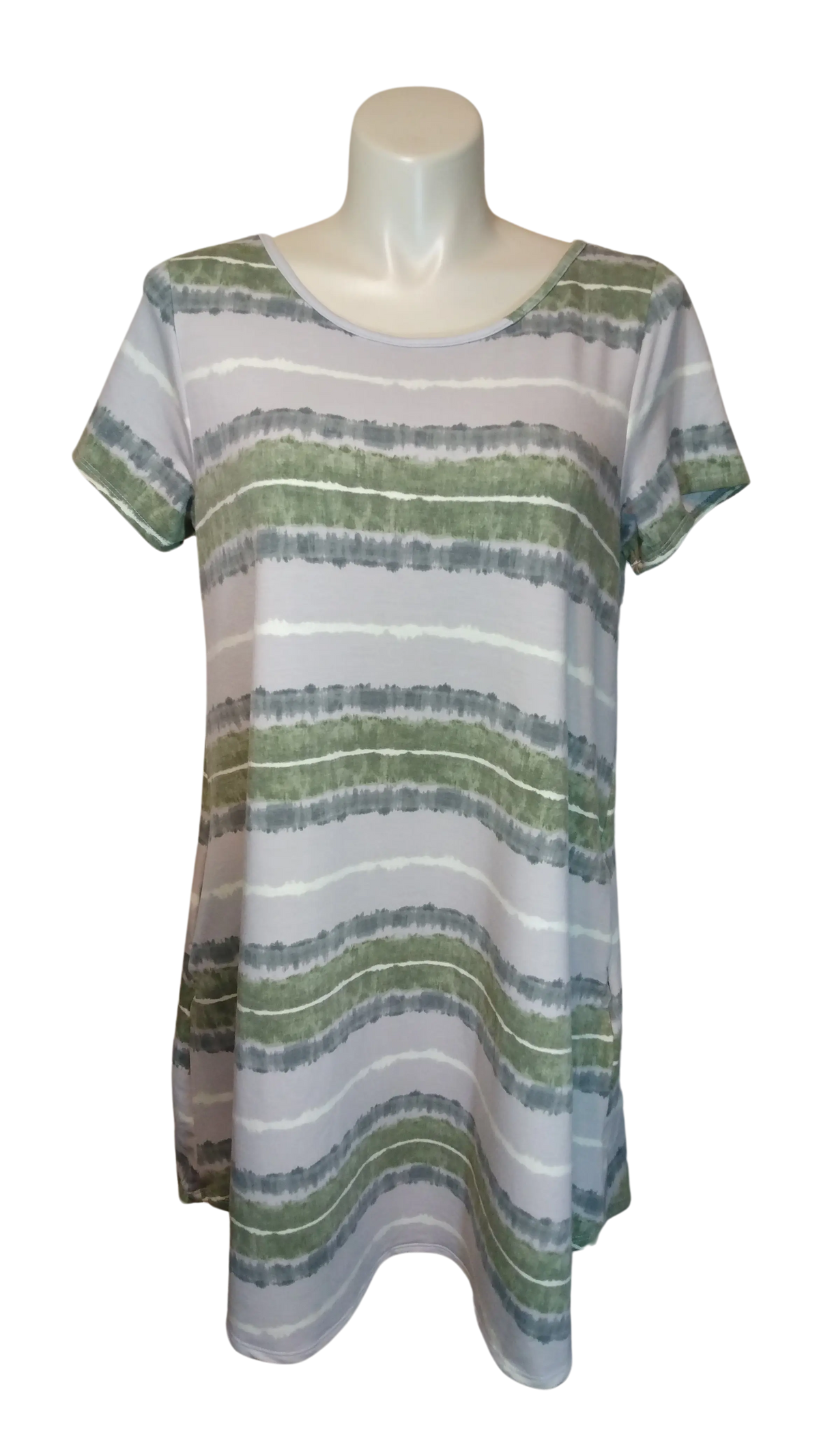 Hot Ginger Women’s Green/Grey/Tan Stripe Short Sleeve Dress with Pockets, Size 2X