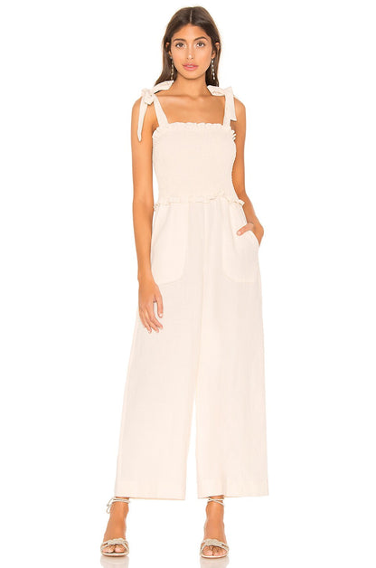 Rebecca Taylor Linen Smocked Jumpsuit in Cream