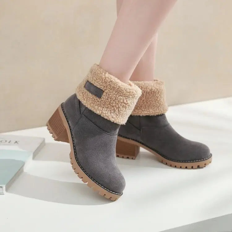RXFSP Gray Sherpa-Cuff Outdoor High Heeled Boots