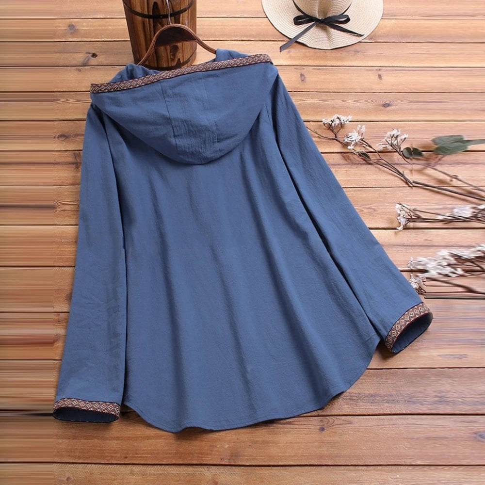 E-RÃtro Blue Pocket Button-Up Hooded Swing Jacket