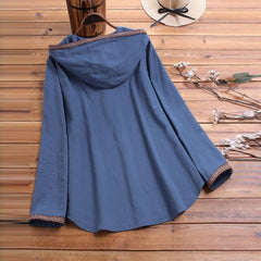 E-RÃtro Blue Pocket Button-Up Hooded Swing Jacket