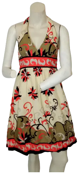 Minuet Women’s Cream/Khaki Halter Dress with Floral Pattern, Size Small
