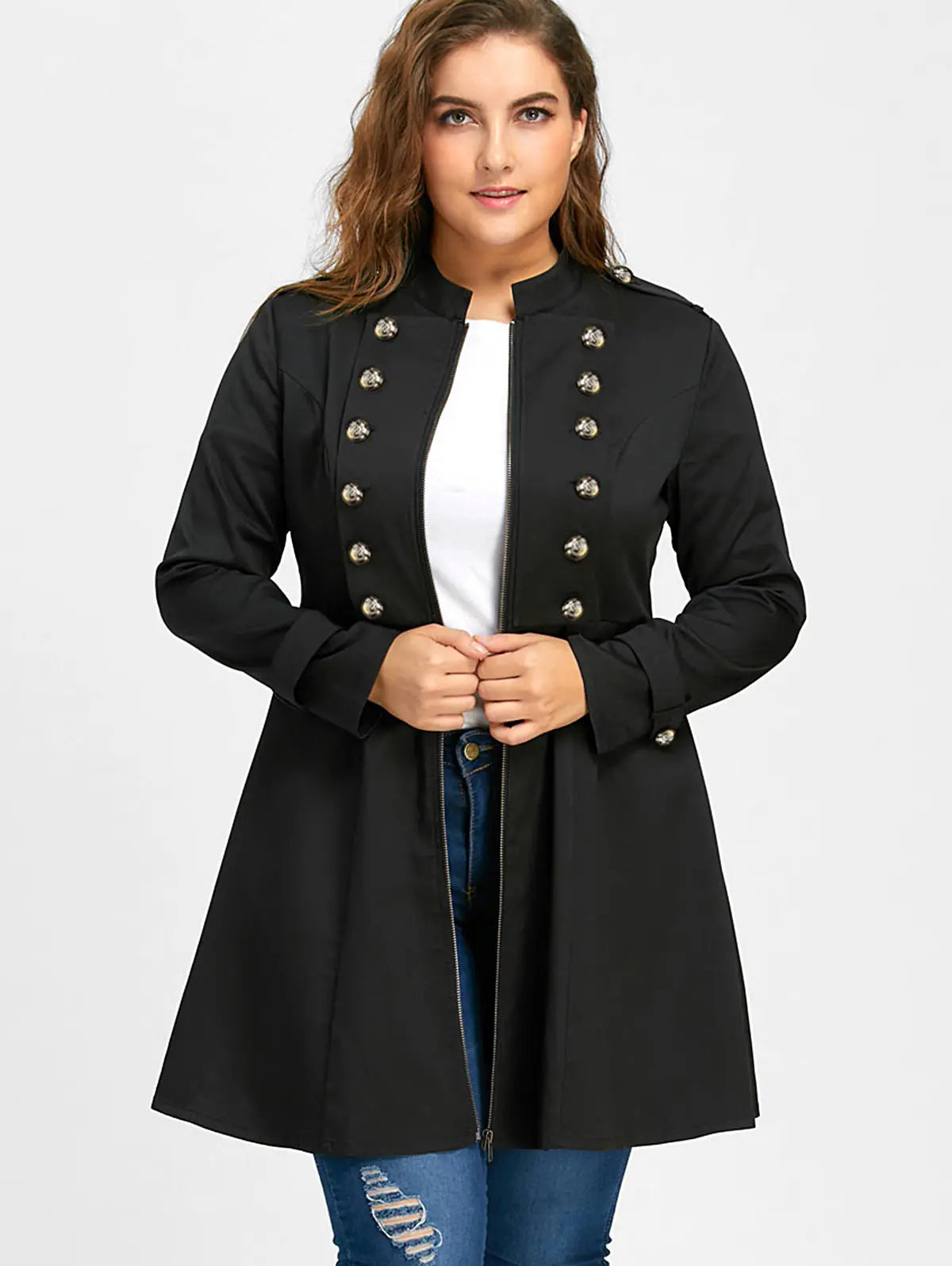 Rosegal Black Faux Military Zip Front Button Trim Coat