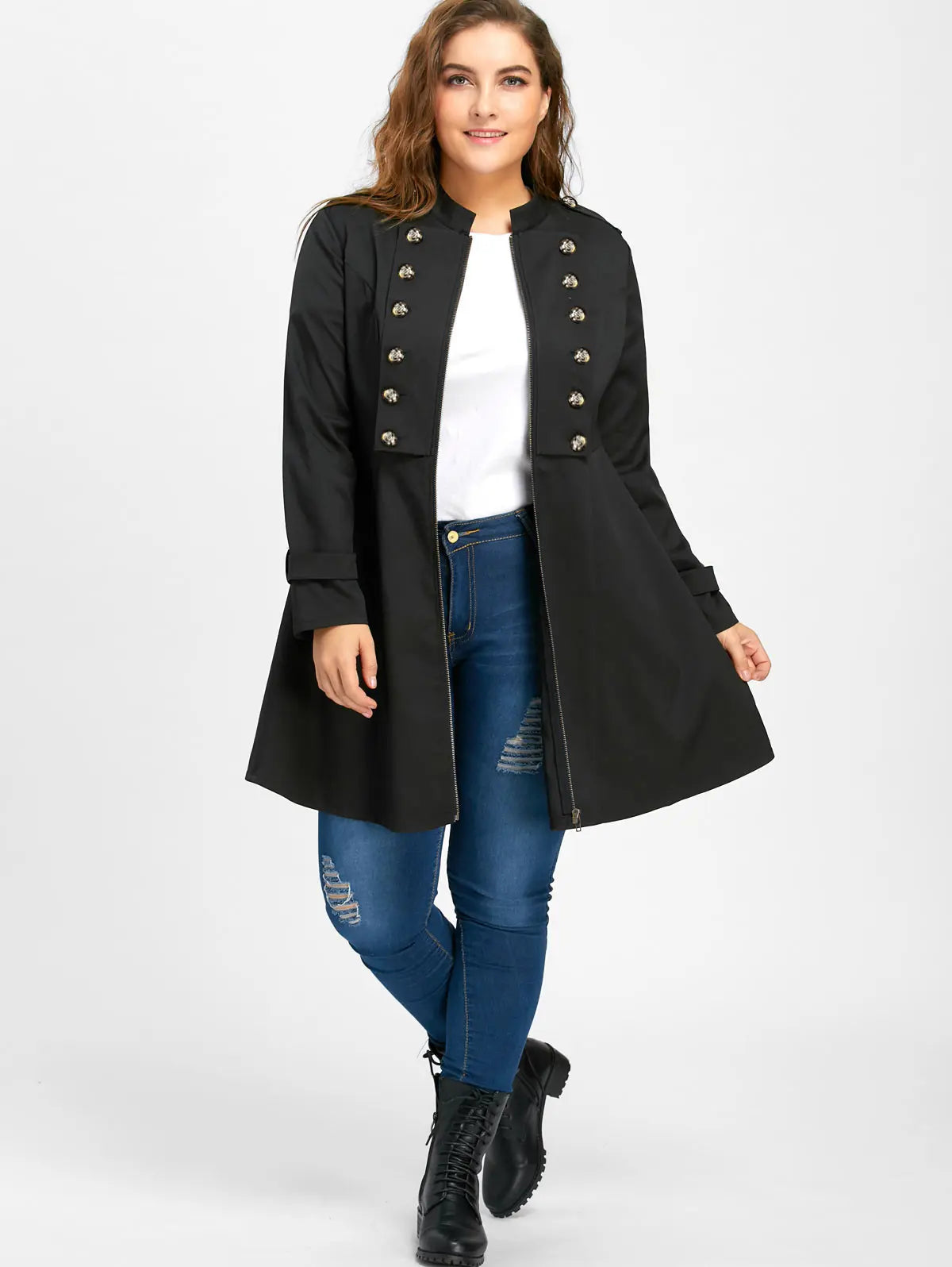 Rosegal Black Faux Military Zip Front Button Trim Coat