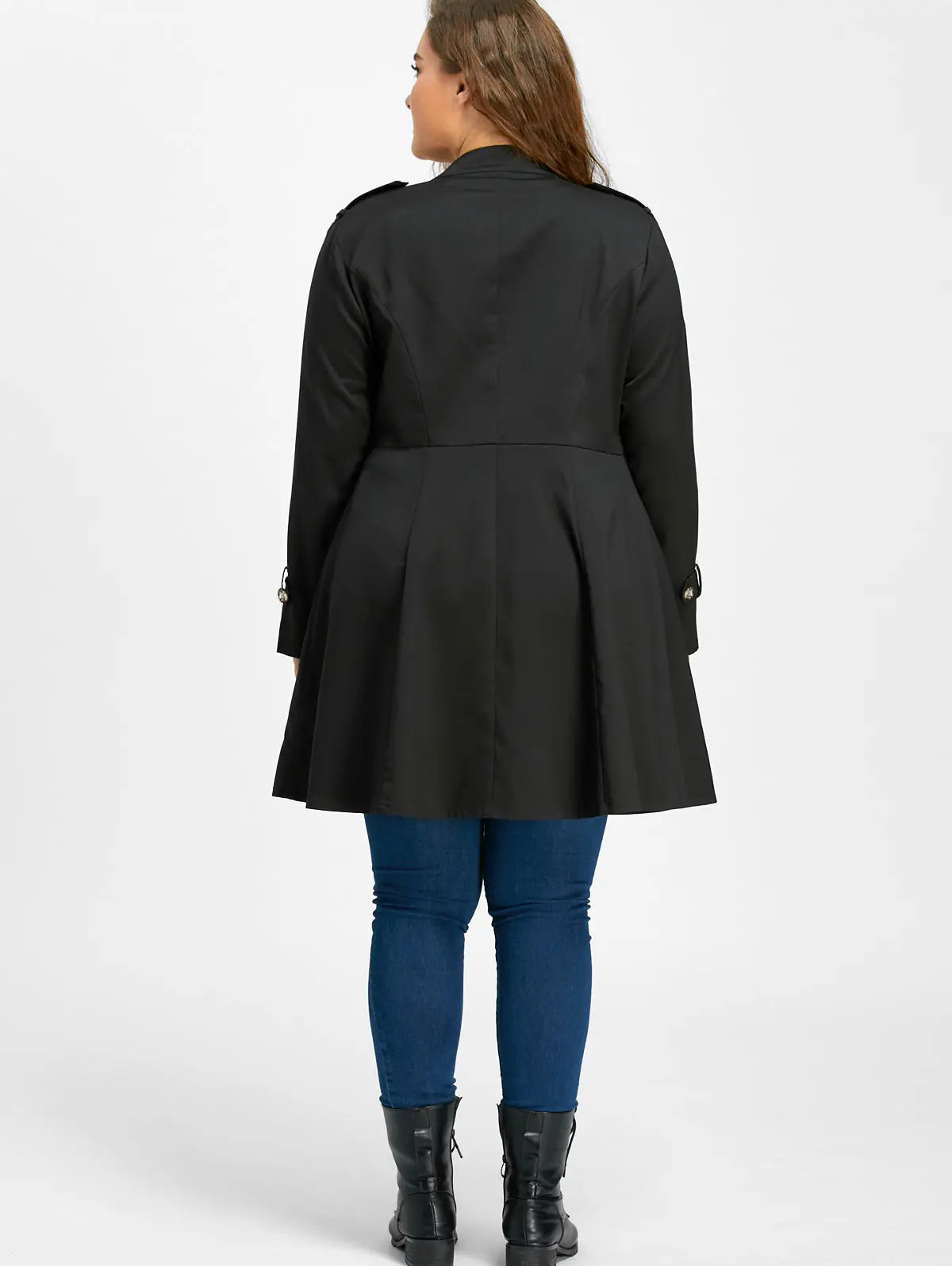 Rosegal Black Faux Military Zip Front Button Trim Coat