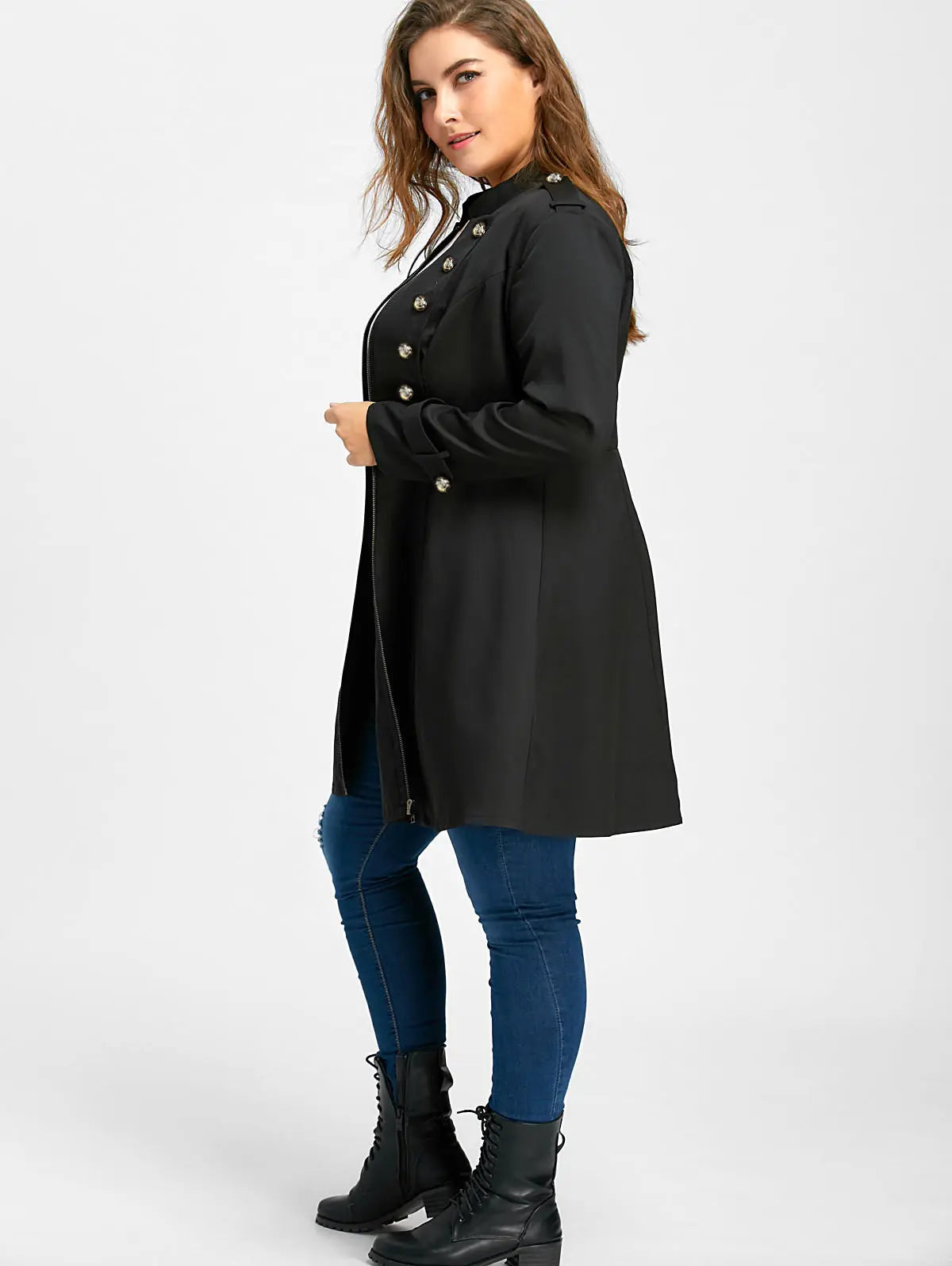 Rosegal Black Faux Military Zip Front Button Trim Coat
