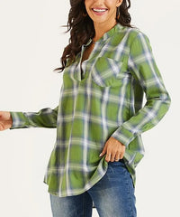 Suzanne Betro Weekend Windowpane Button-Back Collared V-Neck Tunic Green & Blue
