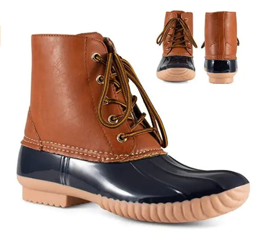 Twisted Shoes Becca Brown & Navy Waterproof Rubber Lace-Up Rain Boots