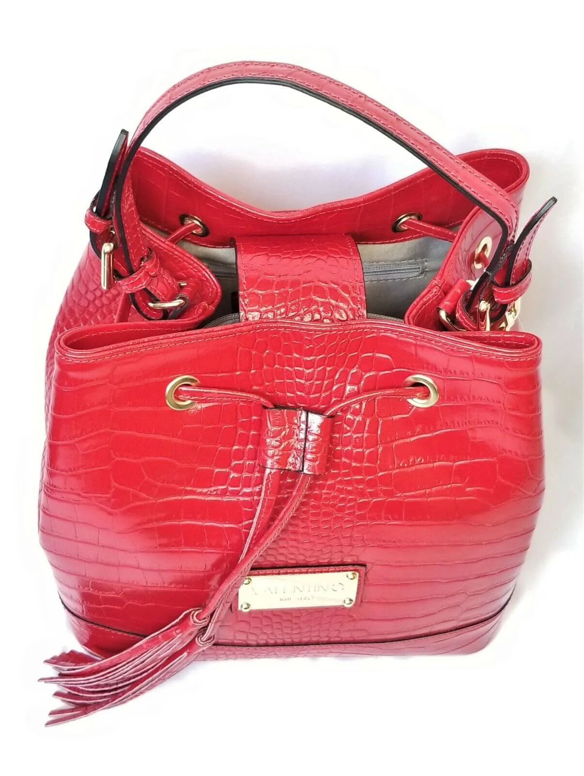 Valentino Milano Wendy Crocodile Convertible Bucket Tote Red NWT