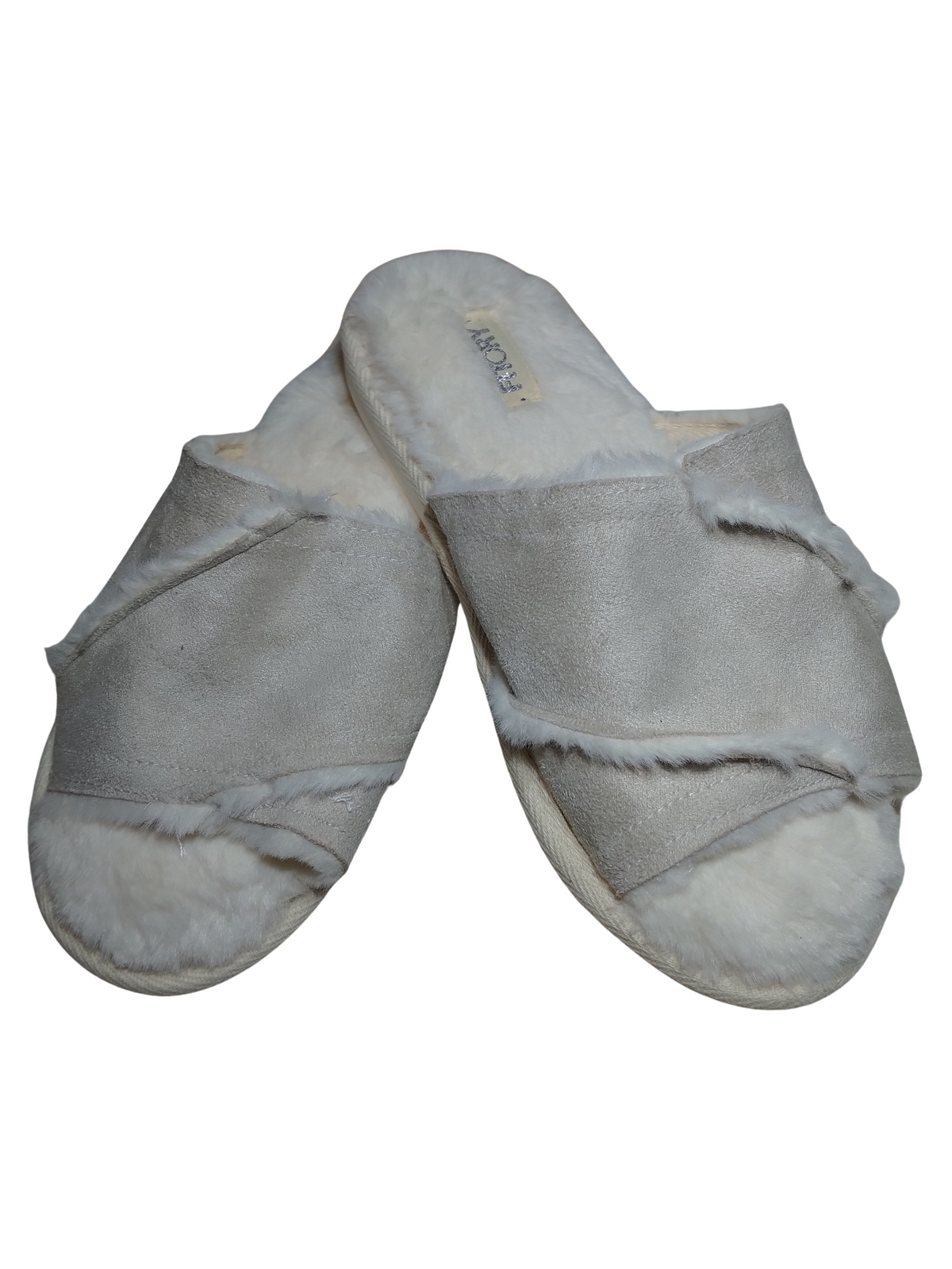 Fitory White & Gray Faux Suede Faux Fur Lined Slip on Slippers