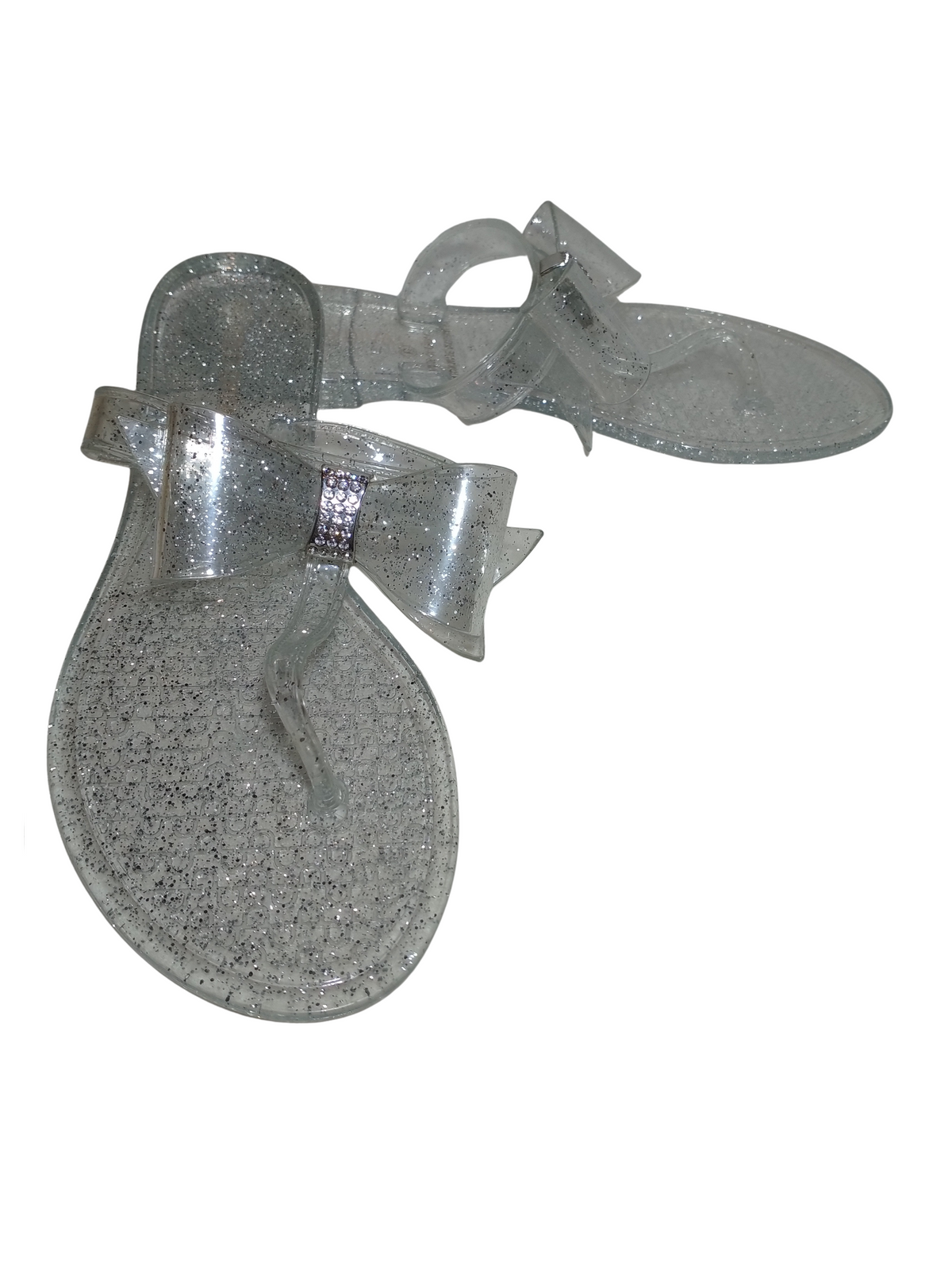 Wild Diva Clear & Silver Jelly Sparkly Sandals with Jeweled Bow
