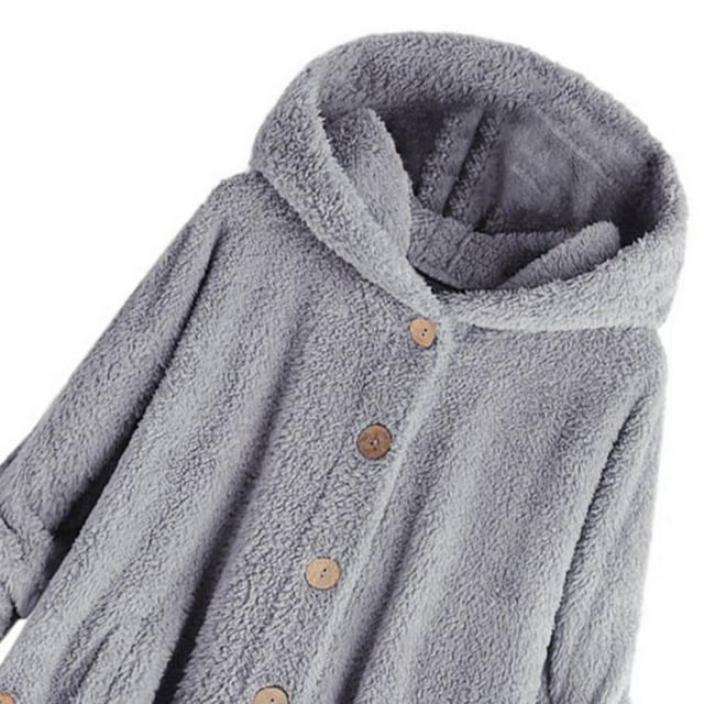 Baisico Light Gray Side-Pocket Plush Hooded Button-Up Coat