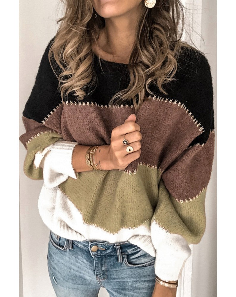 Black & Brown Color-Block Boatneck Sweater