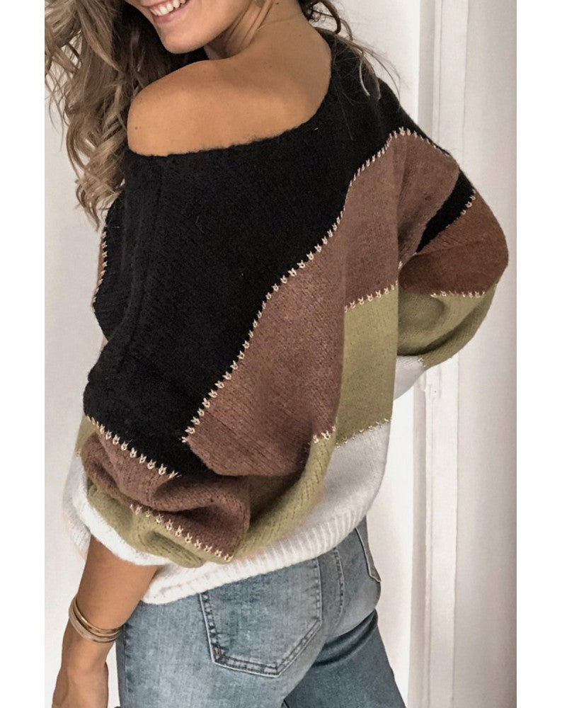 Black & Brown Color-Block Boatneck Sweater