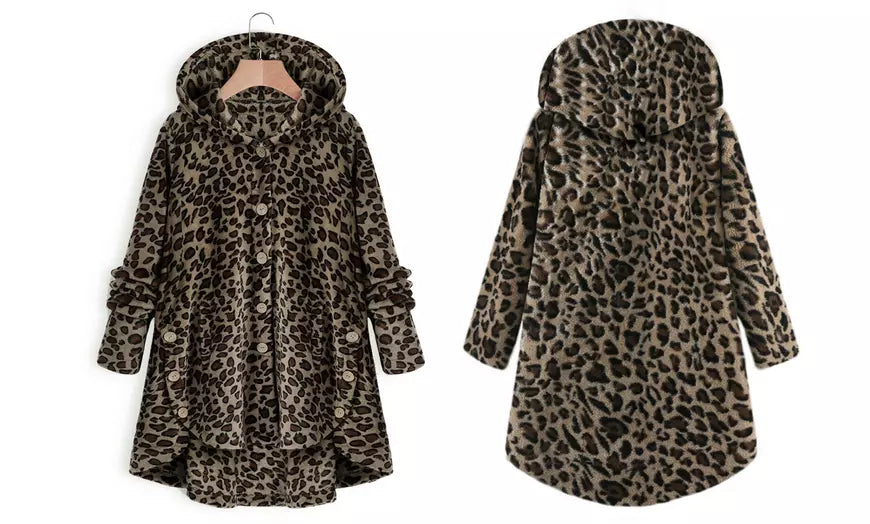 NXH Tan Leopard Pocket Plush Hooded Button-Up Coat