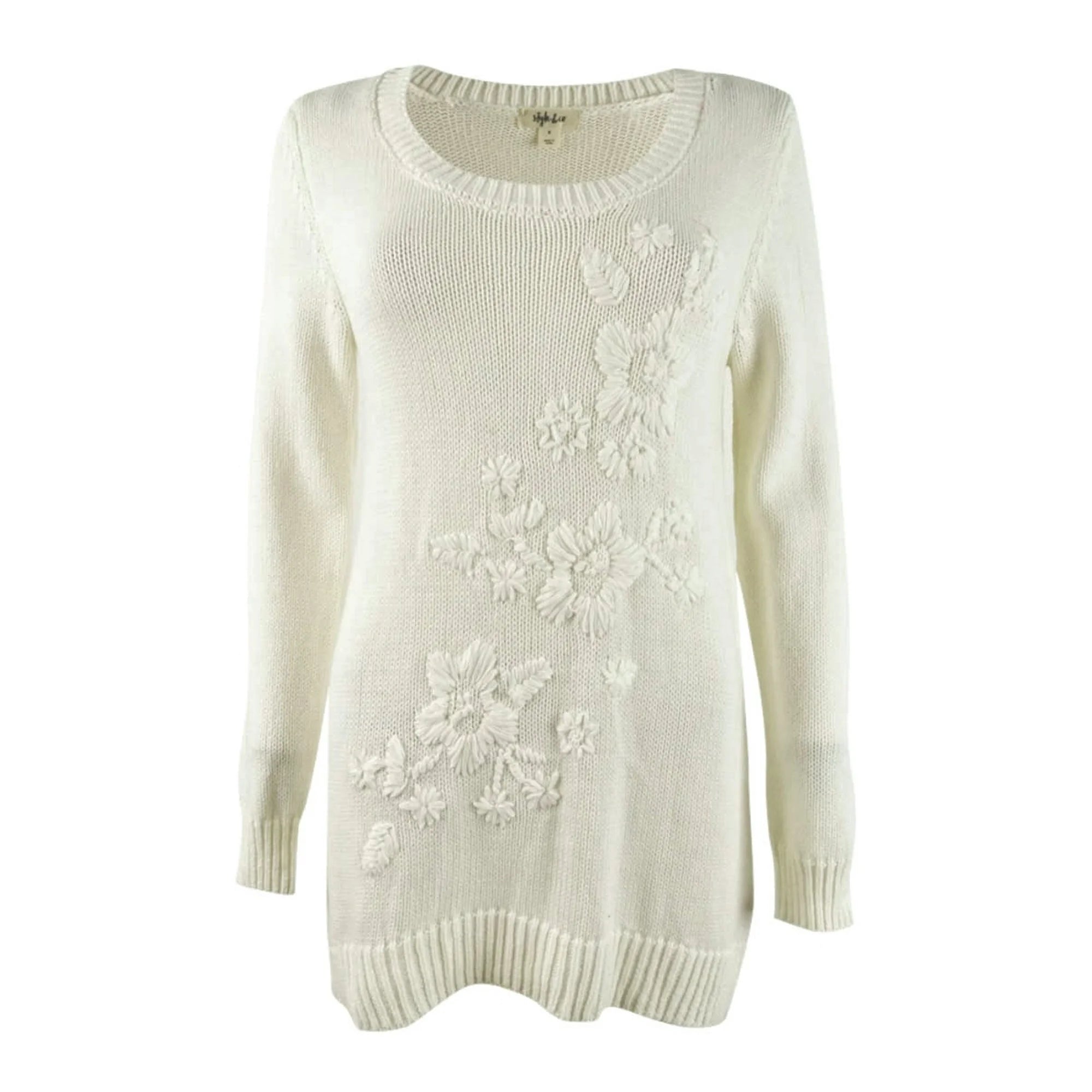 Style & Co. Winter White Embroidered Flower Sweater