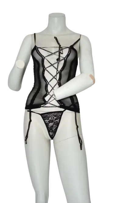 Nylon Lace-Up Top and Thong Set Black
