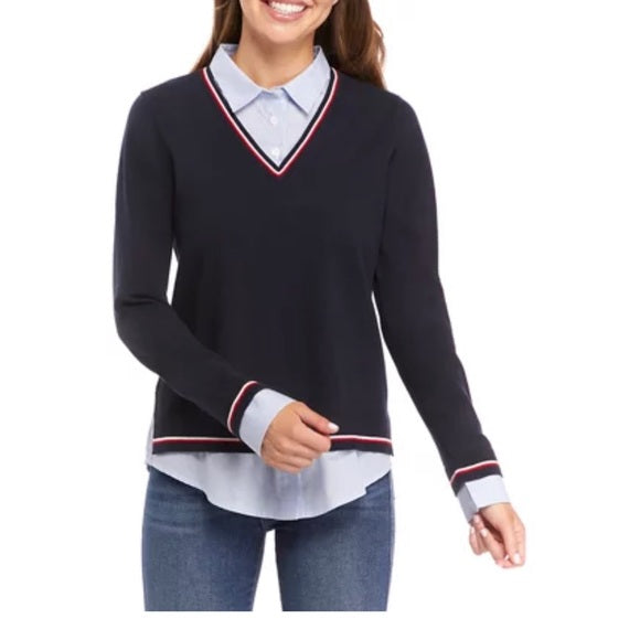 Tommy Hilfiger Sky Captain Geometric-Trim V-Neck Sweater