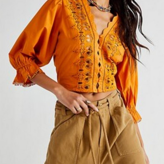 Free People Louella Embroidered Top in Tawny