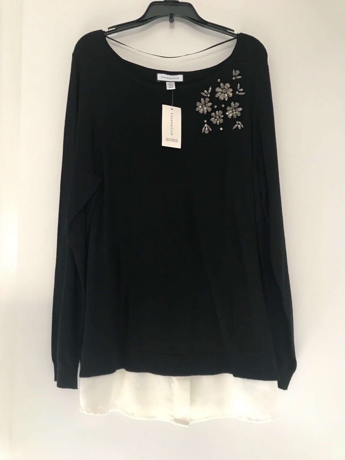 Charter Club Deep Black Rhinestone Studded Top