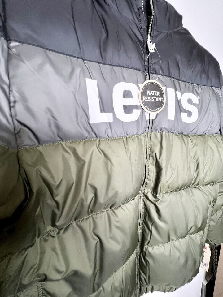 Levi's Olive Night Color Block Logo Rocket Hooded Puffer Coat