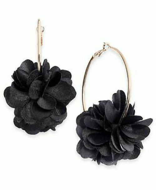 INC International Concepts Gold-Tone Black Fabric Flower Hoop Earrings