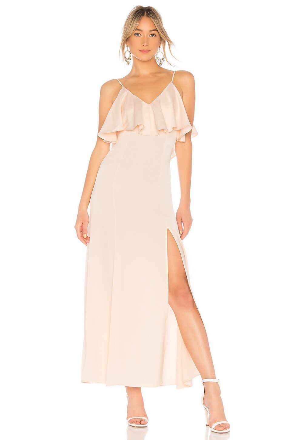 LPA V Neck Ruffle Gown in Champagne Flounce Overlay Design