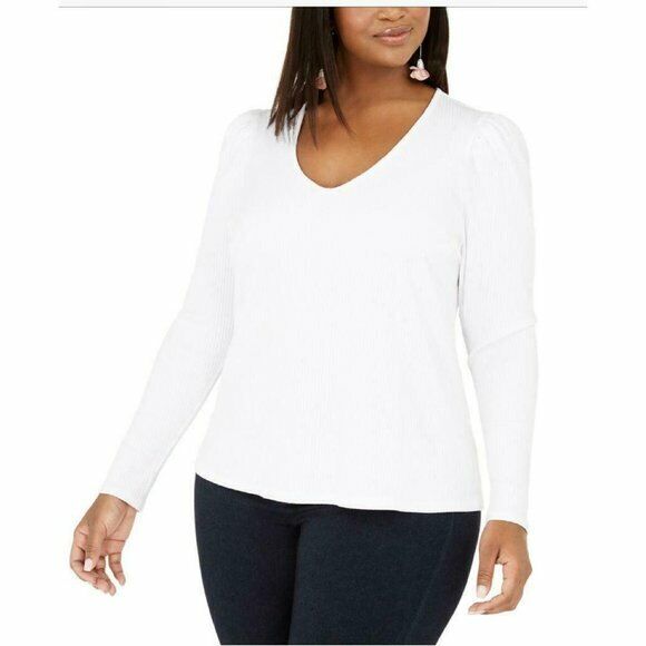INC International Concepts Plus Size White Ribbed-Knit Puff-Sleeve Top size 2X