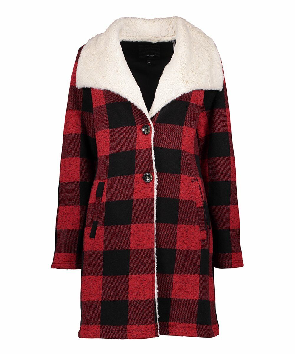 Steve Madden Buffalo Check Faux Fur Fleece Coat size S