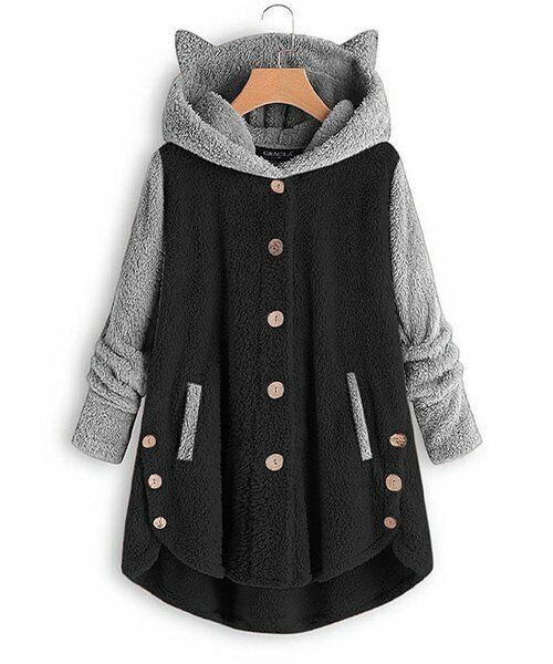 Baisico Black & Gray Color Block Plush Ear-Accent Hooded Coat