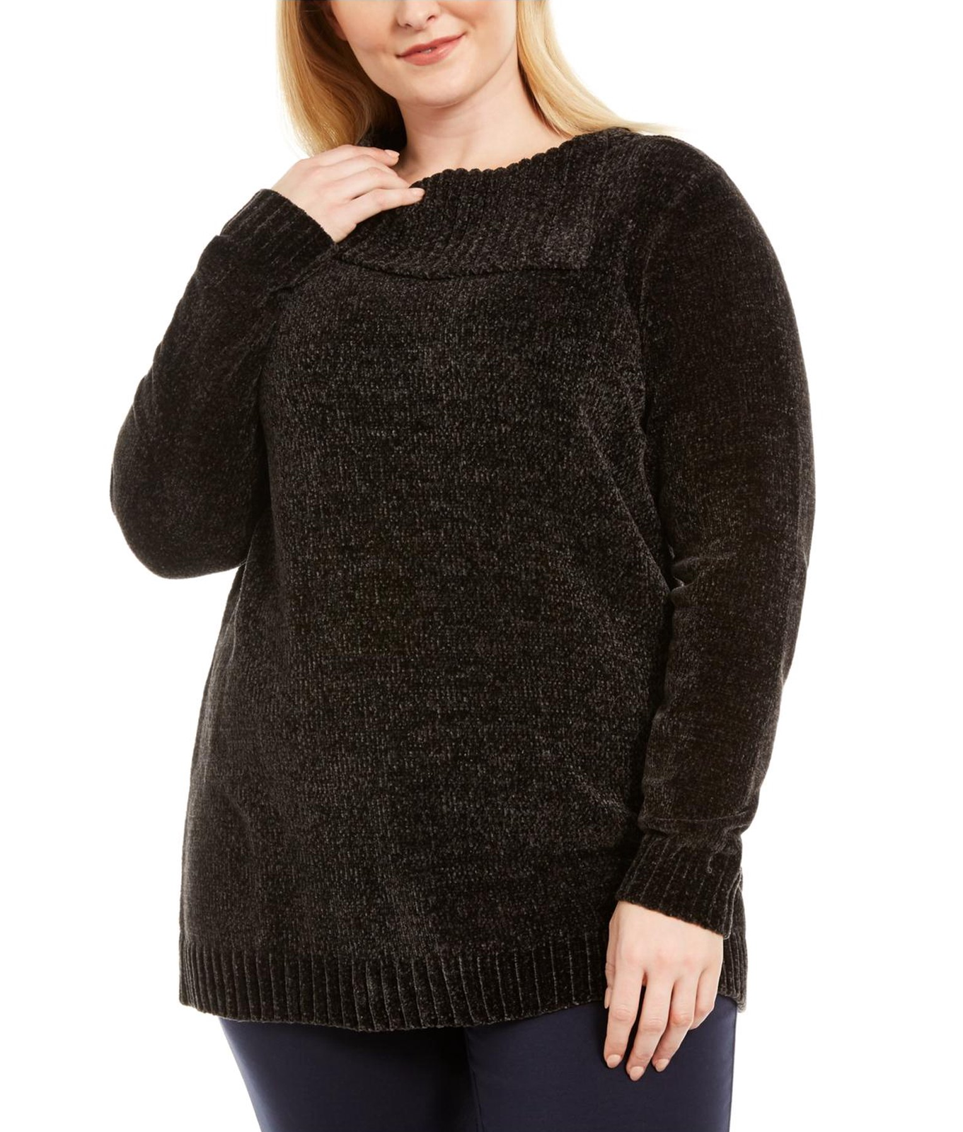 Karen Scott Plus Size Black Chenille Split Collar Ribbed Sweater size 2X